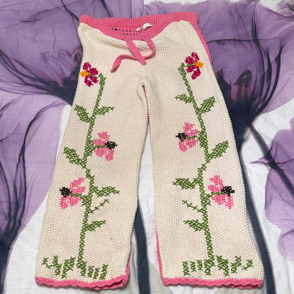 LoveShackFancy Pink and Cream Cropped Pants